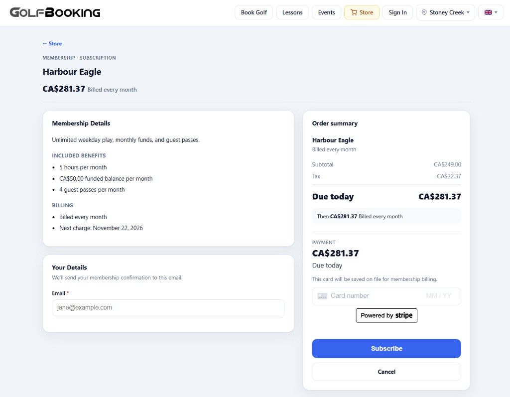 GolfBooking membership signup for a monthly plan with included benefits and card payment